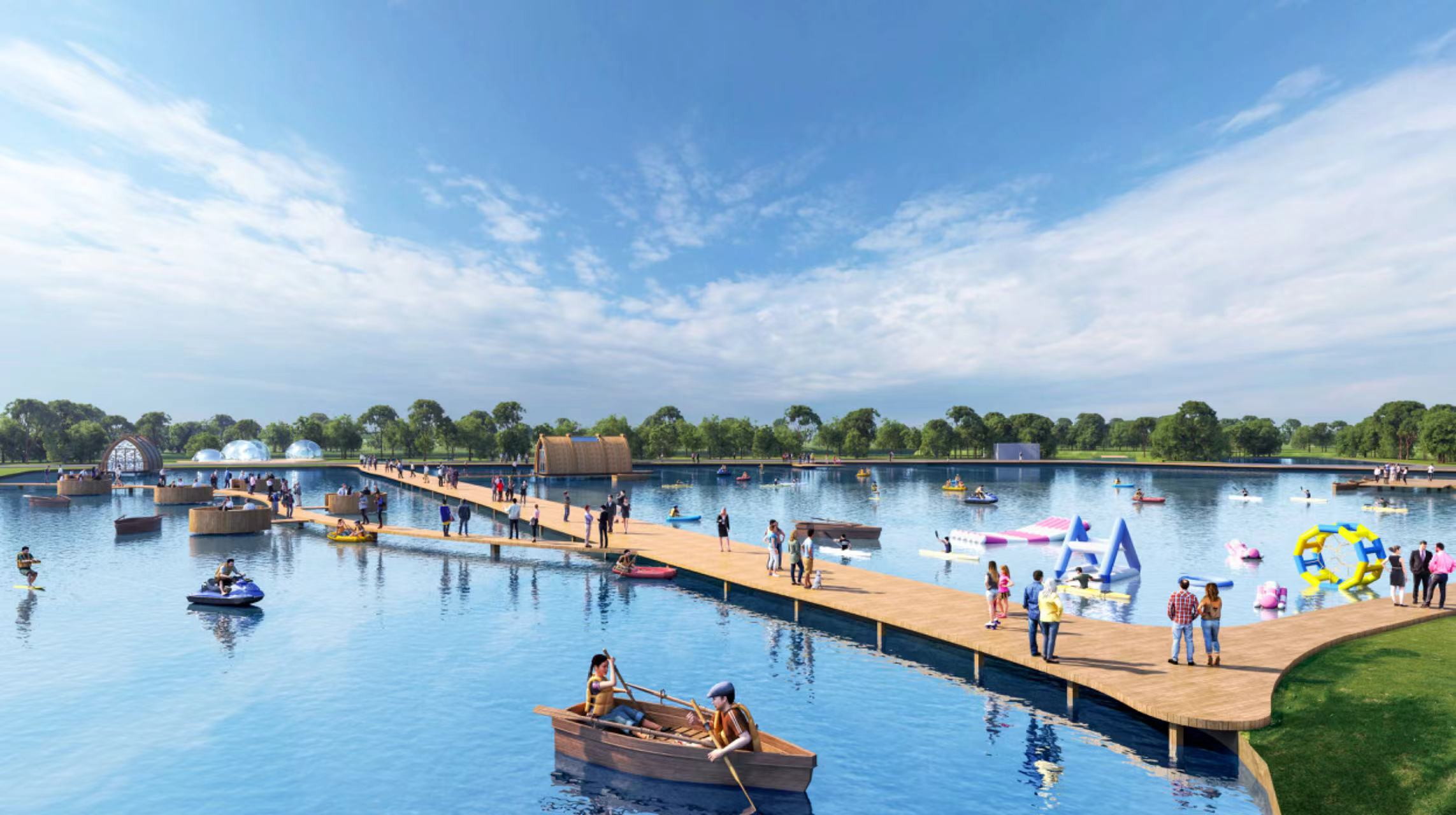 主題樂園水域與遊客活動的概念效果圖